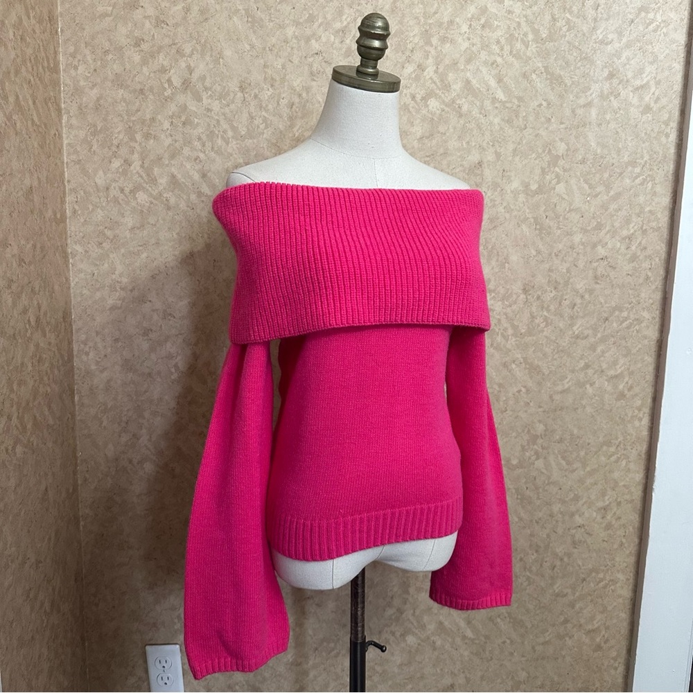 Hot Pink Fold Over Flare Sleeve Chunky Knit Sweater - Picture 1 of 7